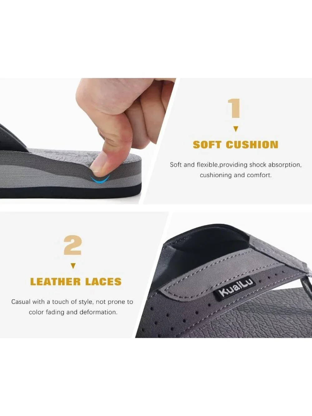 Men's Grey Yoga Mat Leather Flip Flops Slip On Indoor Outdoor Sandal Slipper